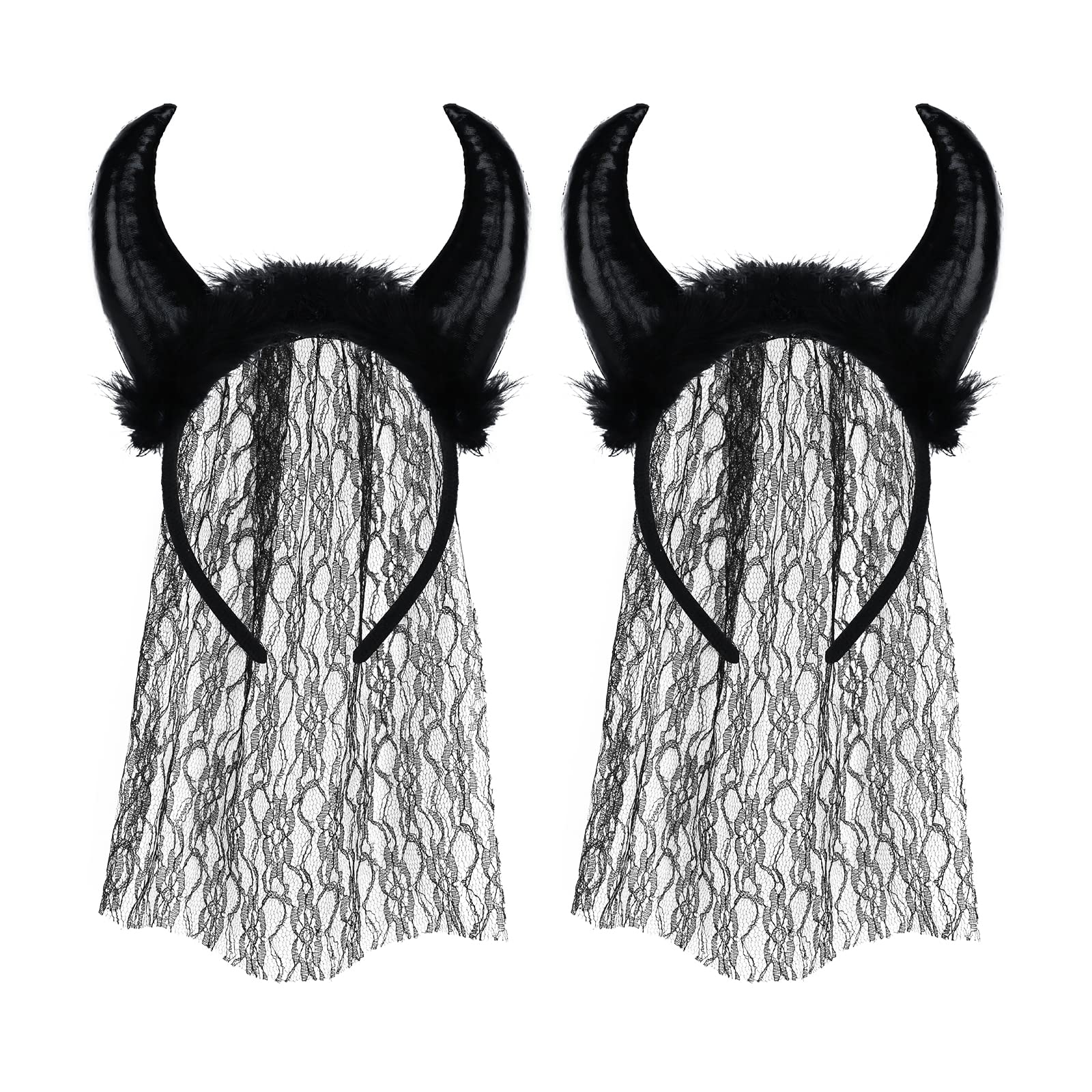 LONTG 2Pcs Halloween Devil Horns Headband with Black Lace Veil Cosplay Headdress Elastic Devil Horn Hairband Hair Hoop Fancy Dress Hair Accessory Veil Headpiece for Women Girls Halloween Party