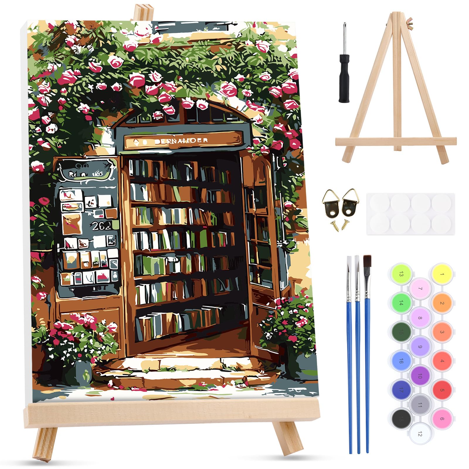 MXJSUA Roses Bookshop Framed Paint by Numbers Kit for Adults Beginner with Wooden Easel, Adults' Paint-by-Numbers on Canvas, Easy DIY Acrylic Number Painting for Home Decor Gifts, 20x30cm