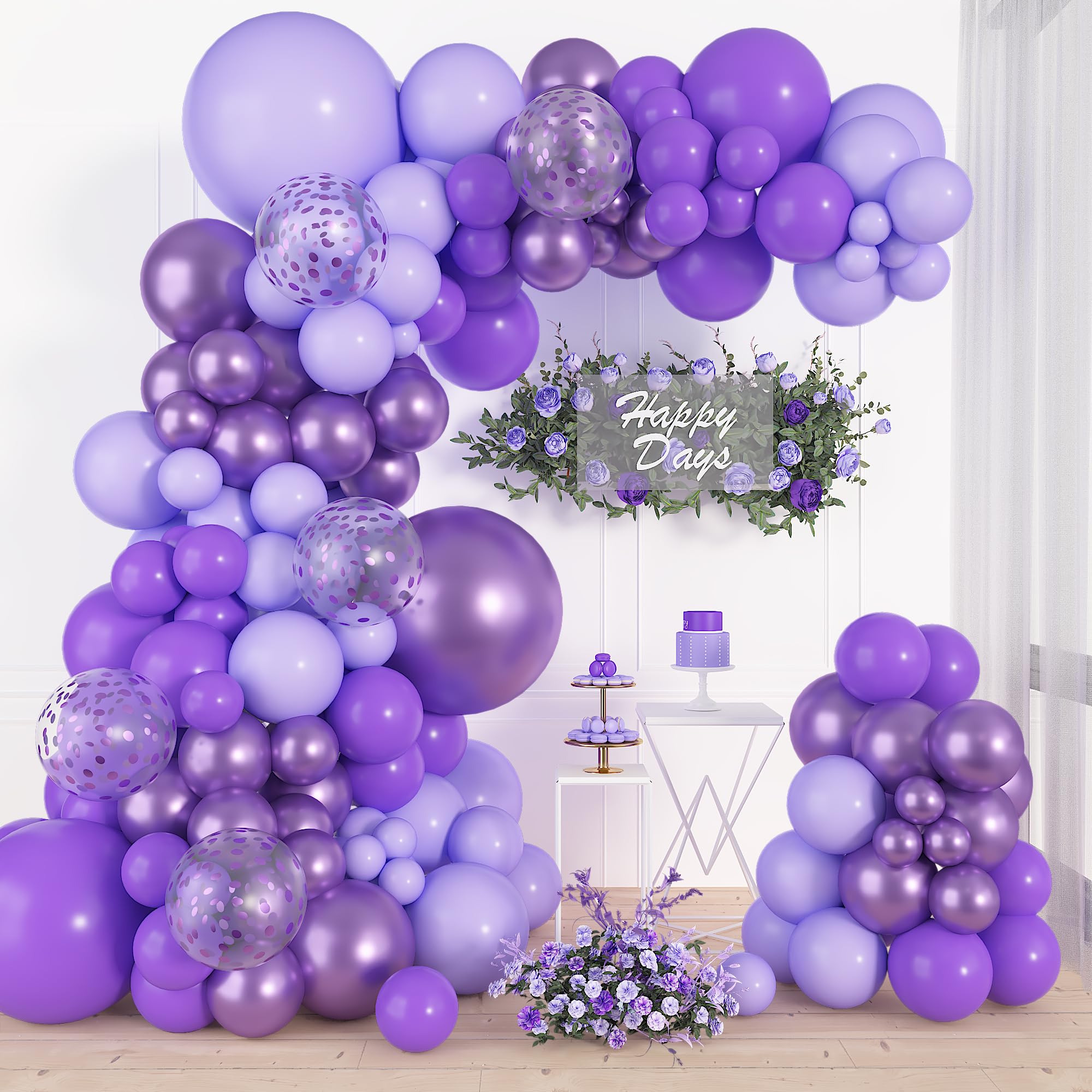 Photo 1 of 150pcs Dark Light Purple Balloon Arch Kit Party Decorations 18 12 10 5In Different Size Color Latex Metallic Confetti Balloons for Women Girl Birthday Bridal Baby Shower Party Supplies
