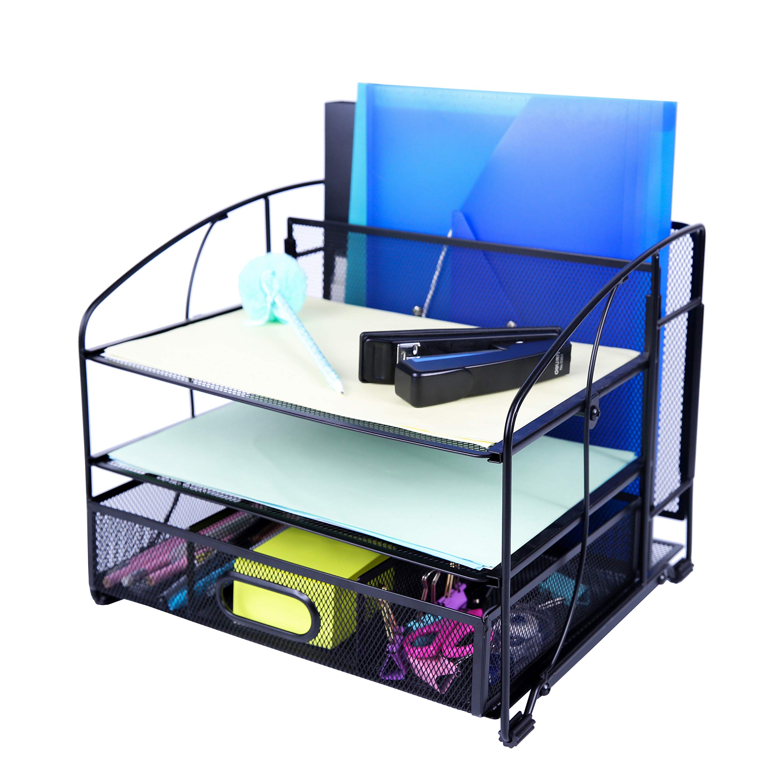 EXERZ Mesh Desk Organiser Office Supplies 3 Trays/Desktop File Holder with Sliding Drawer and Hanging File Holder/Paper sorters/Vertical Upright Section for Office Home Multifunctional (Black)