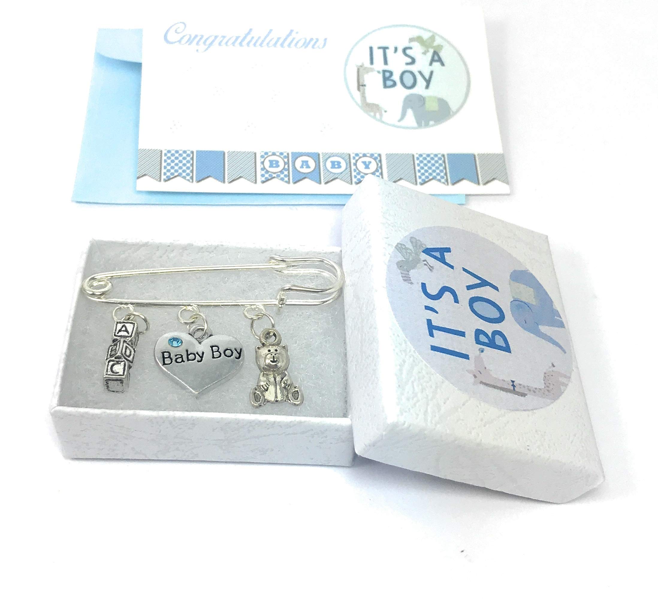 Libby's Market Place Baby Boy Nappy Pins Baby Brooch Keepsake Charms with Gift Box and Gift Card - Teddy Bear and Letter Block