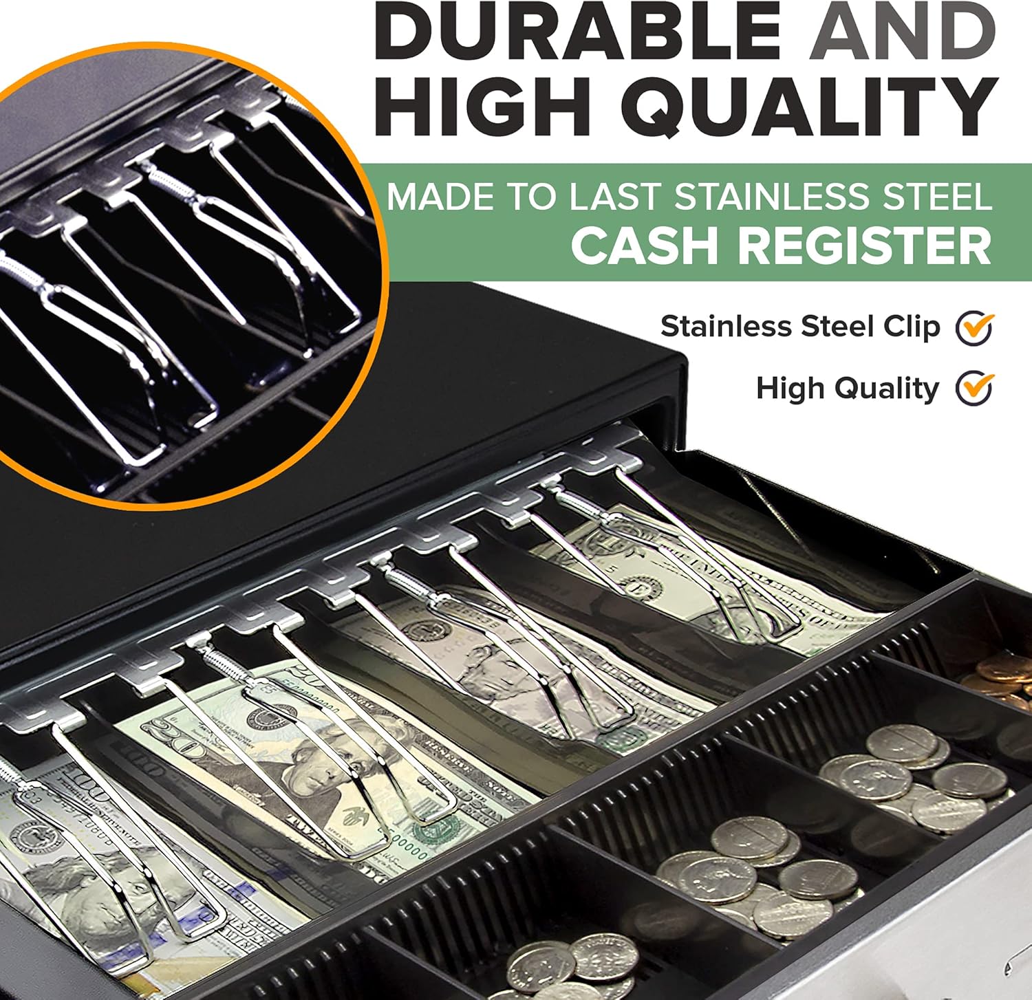 13" Manual Push Open Cash Register Drawer for Point of Sale (POS) System - Black with Stainless Steel Front Touch Panel - Small Cash Drawer with 4 Bills and 5 Coin Slots, Fully Removable Money Tray : Electronics