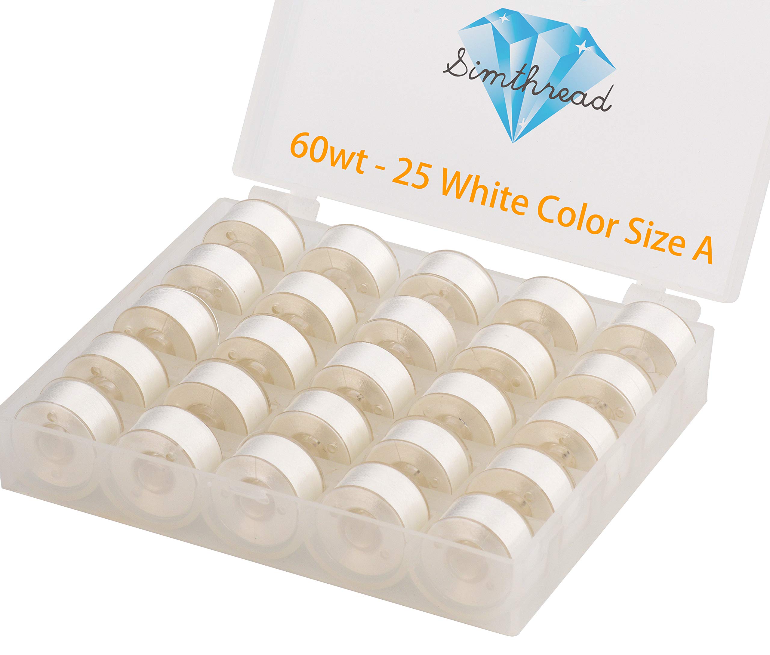 Simthread 25pcs White Prewound Bobbin Thread Size A Class 15 (SA156) 60WT with Clear Storage Plastic Case Box 70D/2 for Embroidery Thread Sewing Thread Machine DIY