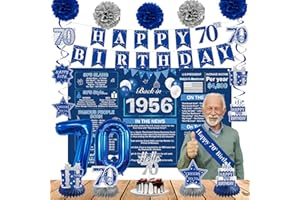 Crenics Blue 70th Birthday Decorations for Men Women - Back in 1956 Backdrop, Banner, Swirls, Centerpieces, Sash, Paper Pom Poms, Cake Topper and Balloons for 70 Birthday Party Supplies