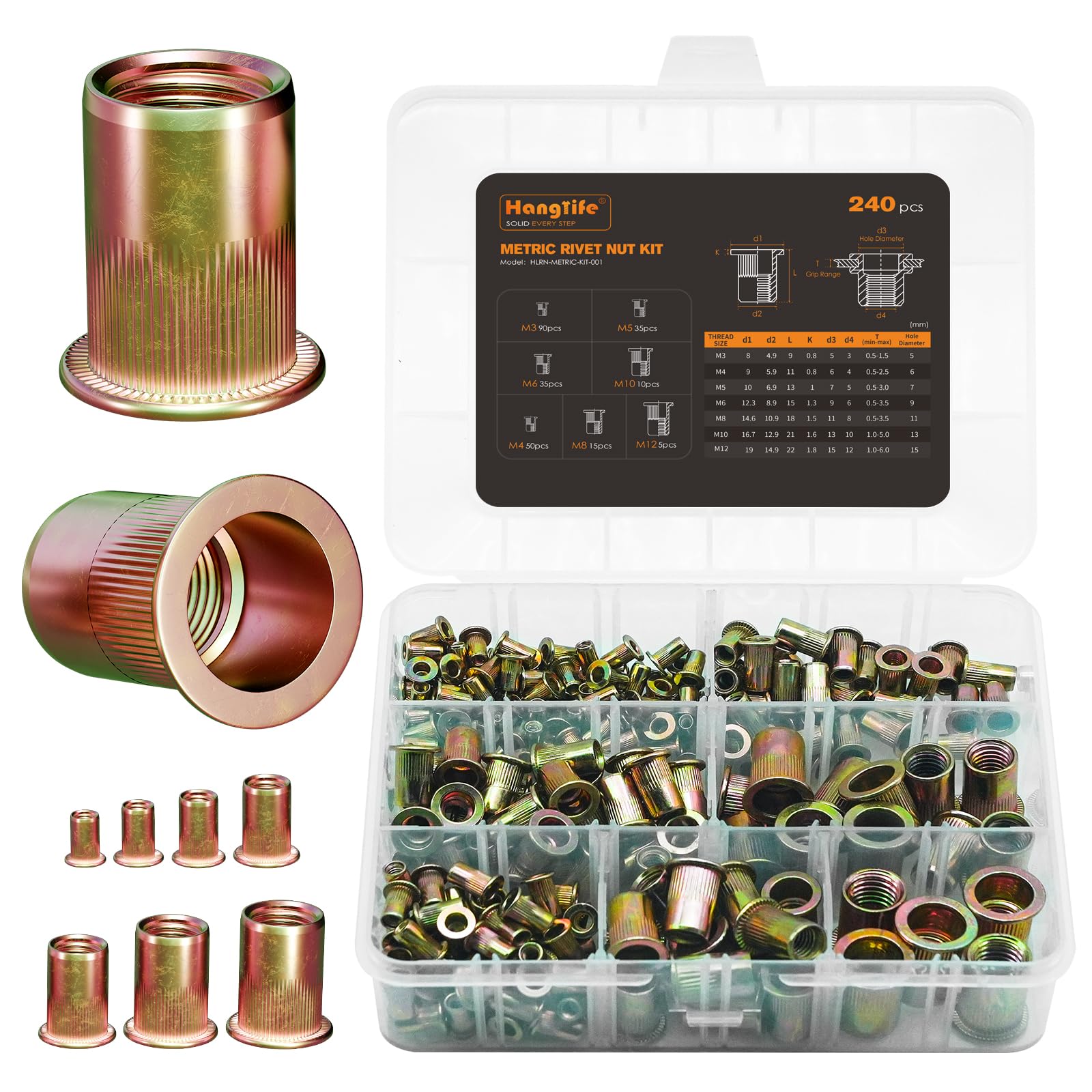 HANGLIFE Rivet Nut Assortment Kit (240 Pcs) - Metric Rivnut Threaded Insert Nuts - Includes M3, M4, M5, M6, M8, M10, M12 Flat Head Nutserts, Zinc-Plated Carbon Steel with Knurled Body
