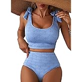 Herseas Women 2 Piece High Waisted Bikini Sets Seashell Textured Tie Strap Swimsuits Bathing Suit Beach Summer Outfits