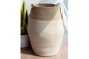 Goodpick Laundry Hamper | Woven Cotton Rope Dirty Clothes Hamper Tall kids Curve Laundry Basket Large, 25.6 x 17.71 Inch