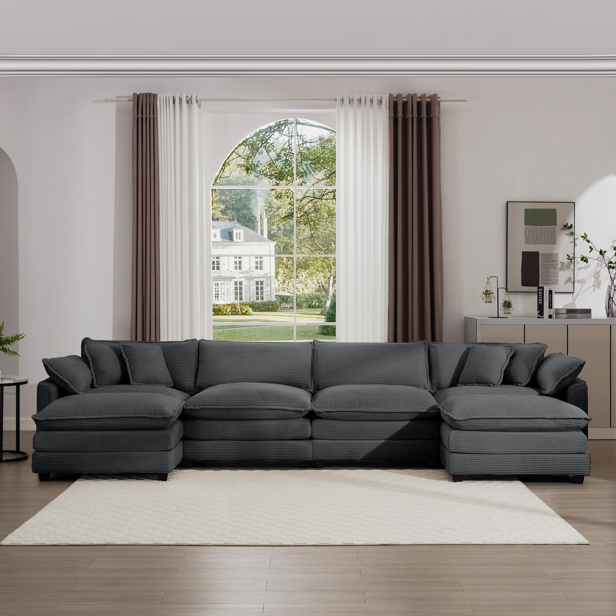 Photo 1 of ******* ARMLESS SEAT , DOUBLE SEAT WI PILLOWS * only ( PARTIAL SET)****KEIKI 150" U-Shaped Oversized Corduroy Modular Sectional Sofa with 2 Ottoman, High-Density Foam Cushions, Removable Armrests, Upholstered 4-Seater Corner Couch with 6 Pillow, for Livin