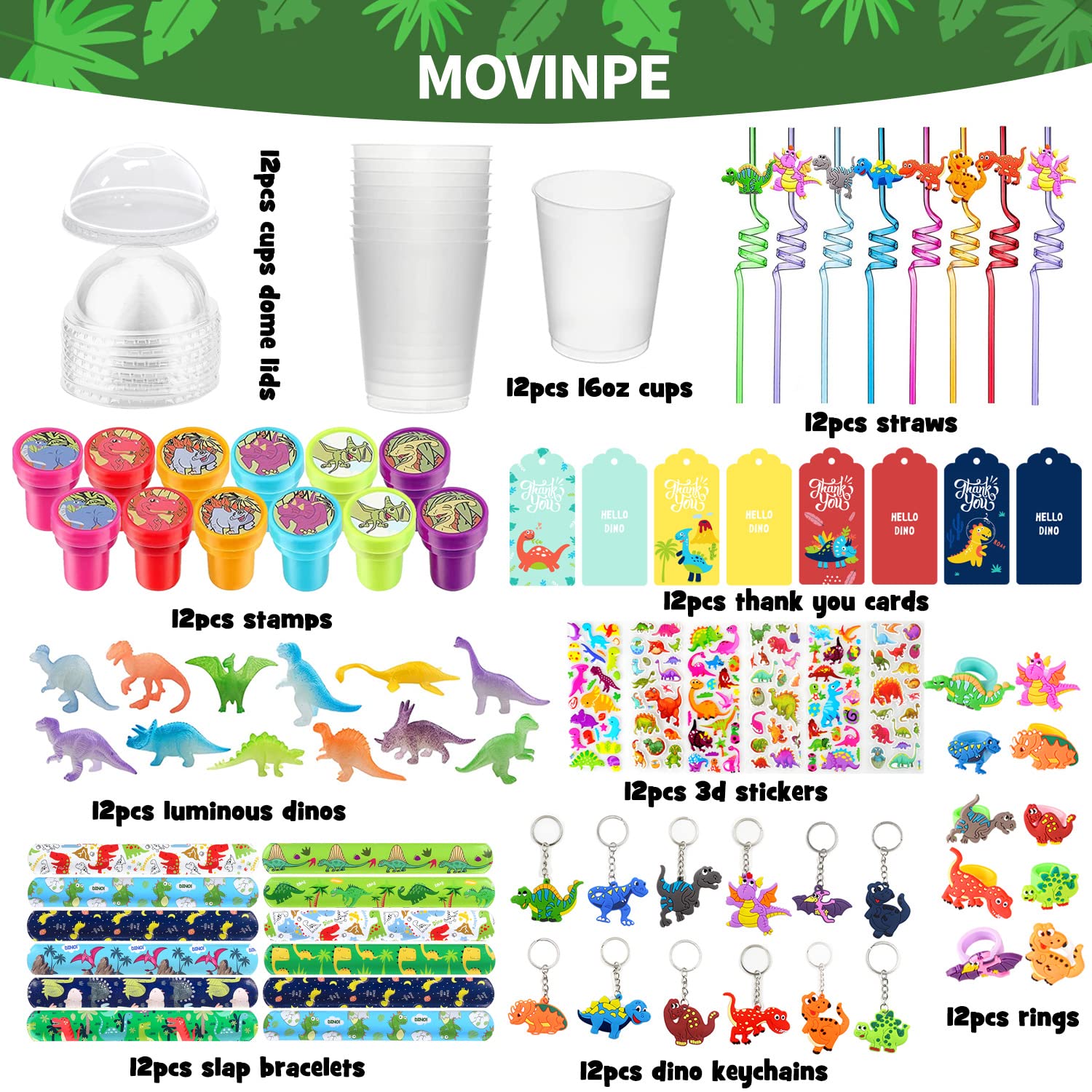 MOVINPE Dinosaur Party Favors Personalize Goody Cups with Gift Tags, Filled with Dinosaur Themed Reusable Straws Stampers Luminous Dinos Figure Slap Bracelets Keychains Rings 3D Stickers for Kids