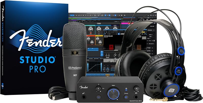 Quantum Creator Bundle | Kit de grabación casera con interfaz USB-C Quantum LT 2, micrófono condensador M7, auriculares HD7, cable XLR, soporte para micrófono y Fender Studio Pro.