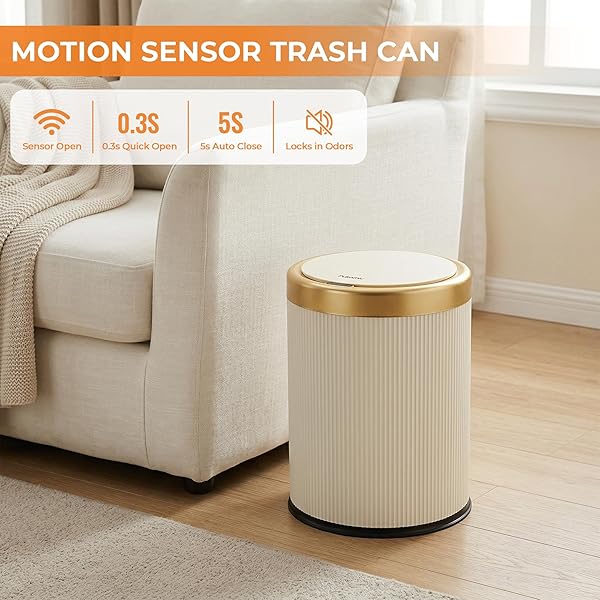 PUKOMC BATHROOM TRASH CAN WITH LID,3.5 GALLON MOTION SENSOR WATERPROOF TOUCHLESS GARBAGE CAN, SMART PLASTIC TRASH BINS SUITABLE FOR KITCHEN, BATHROOM, BEDROOM, LIVING ROOM, OFFICE BEIGE