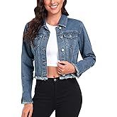 Anienaya Jean Jacket Women’s Frayed Washed Button Up Cropped Denim Jacket w 2 Side Pockets