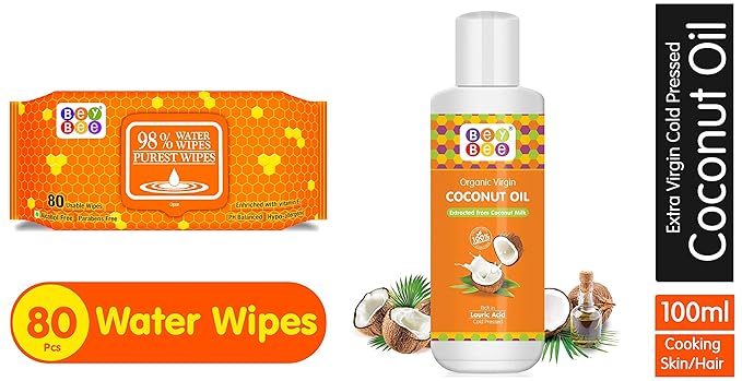 Bey Bee Hypoallergenic Baby Water Wipes for New Born Babies with Fliptop Lid, 80 Wipes and Bey Bee Extra Virgin Organic Coconut Oil for New Born Babies Skin, 100ml