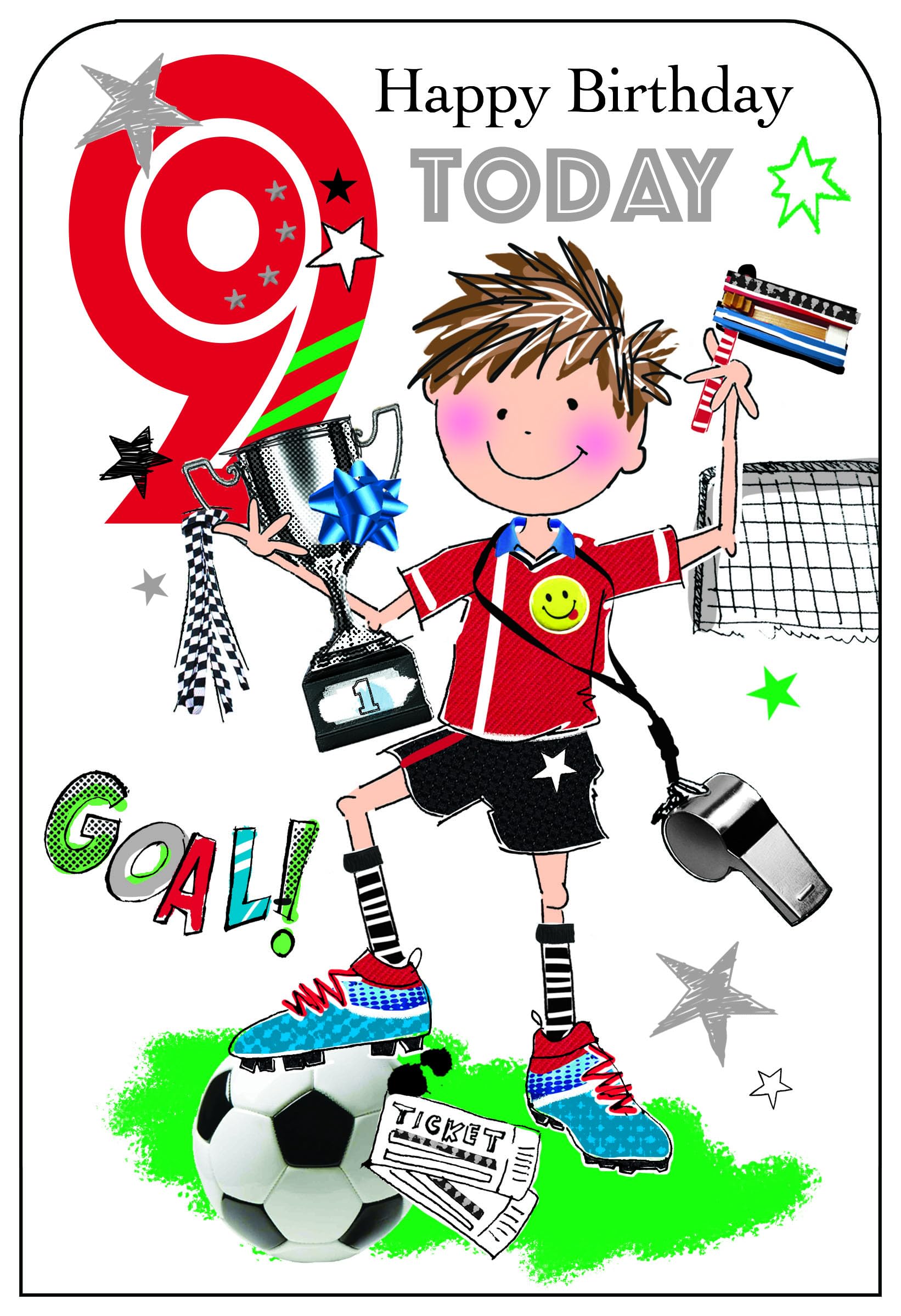 Jonny Javelin 9th Football Birthday Card for Boys - Trophy Design - Foil & Flitter Finish - Age 9 Birthday Greeting Card for Him