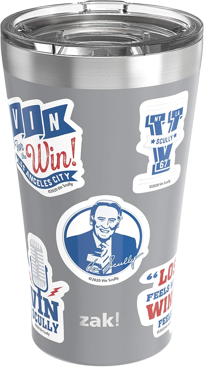  | Zak Designs 18/8 Vacuum Insulated Stainless Steel Travel Press-In Lid and Splash-Proof, Includes Vin Scully Vinyl Personalized Design, Non BPA, 20oz Sticker Tumbler: Tumblers & Water Glasses