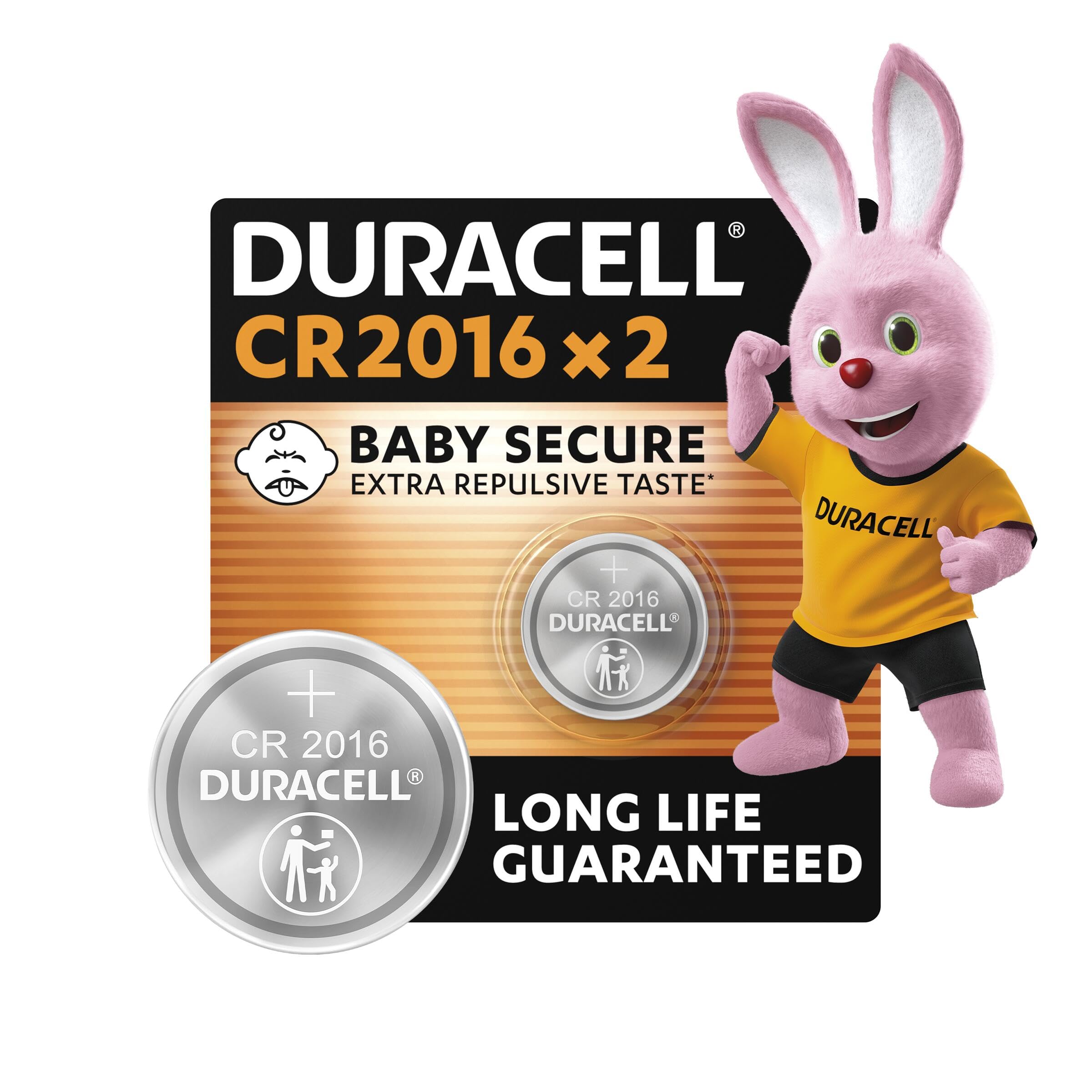 DURACELL 2016 Lithium Coin Batteries 3V (2 Pack) - Long-life Guaranteed - Baby Secure Technology - For Use in Key Fobs, Small Home Remotes, Fitness Watches - Baby Secure Packaging