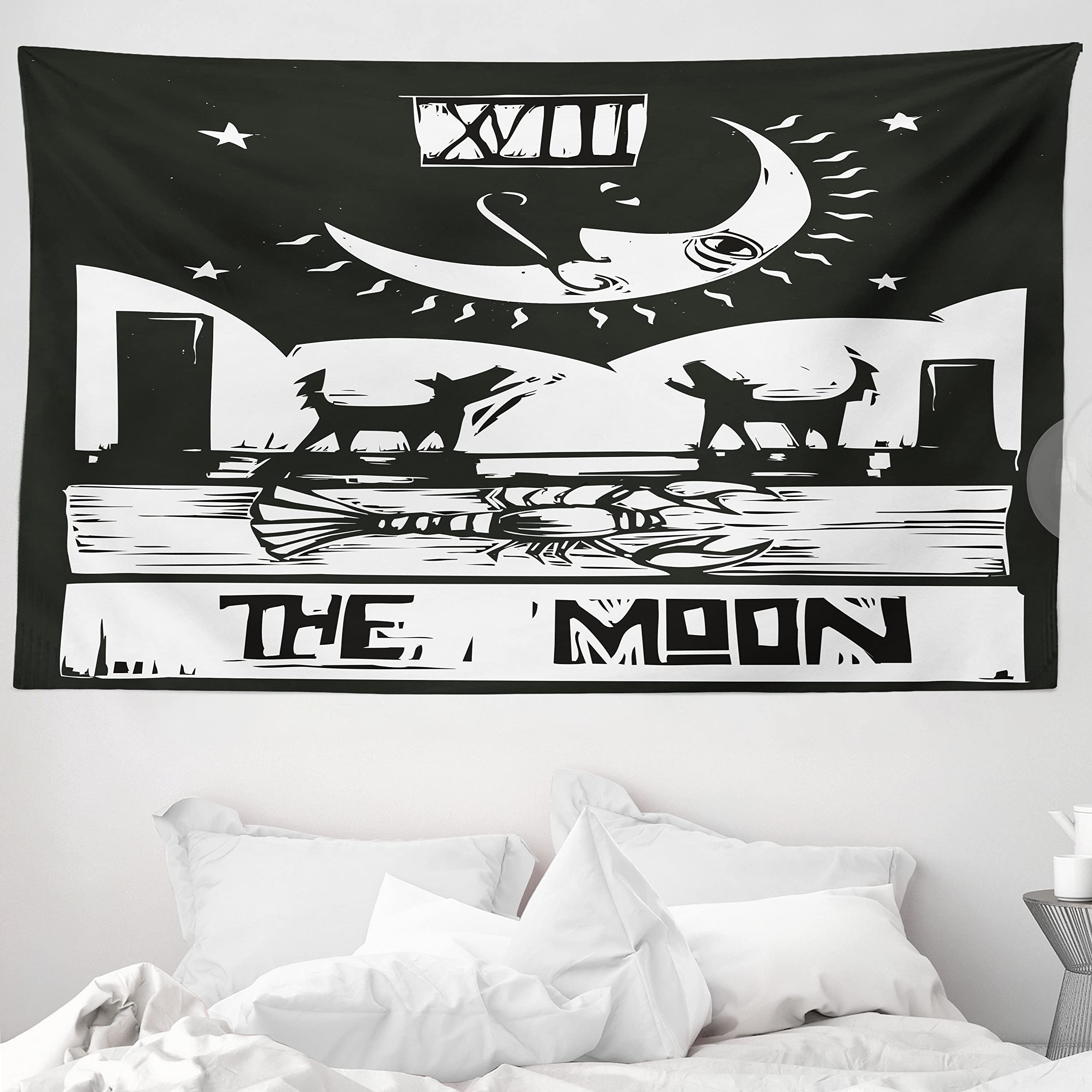 ABAKUHAUS Moon Tapestry, Brown White Drawing Lobster Wolves Crescent Moon Stars Tarot Card Design, Fabric Wall Hanging Decor for Bedroom Living Room Dorm, 90 W X 54 L, Charcoal Grey White