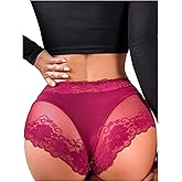 WDIRARA Women's Floral Lace Sheer Briefs High Waist Panties Sexy Seamless Underwear