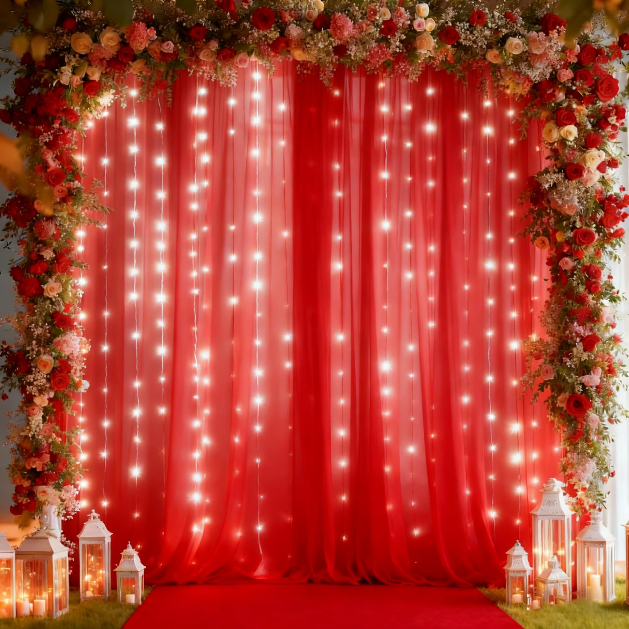 Photo 1 of 10x10ft Red Tulle Backdrop Curtain with Lights String for Parites, Sheer Photo Backdrop Curtains with Lights for Christmas Wedding Backdrop Ceremony Reception Bridal Shower Baby Shower Birthday Party