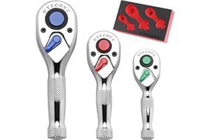 UYECOVE Ratchet Set 3PCs-1/4 Drive Ratchet, 3/8" Drive Ratchet, 1/2" Drive Ratchet, Ratchet Set-Colorful Stubby Ratchet Wrench Set 72-Tooth Small Ratchet Set with IXPE Storage Tray