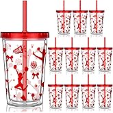 Yungyan 12 Pcs Cheer Team Cups Bulk 12oz Reusable Plastic Double Wall Tumbler with Lids and Straws for Cheer Team Gifts Bulk Cheerleader Sport Party Favors(Red)
