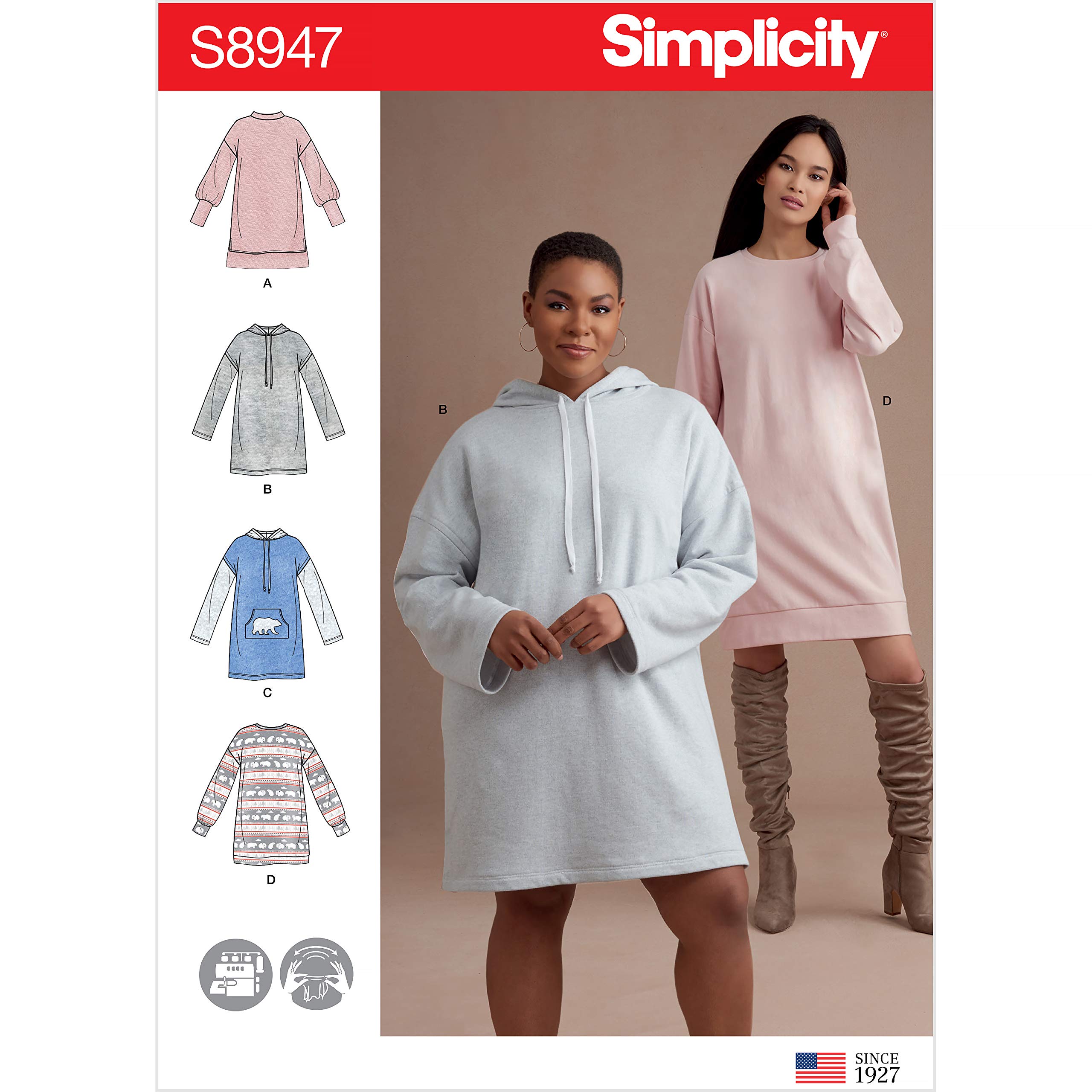 SIMPLICITY Sewing Pattern S8947 Misses' Knit Sweatshirt Mini Dresses, Paper, White, various