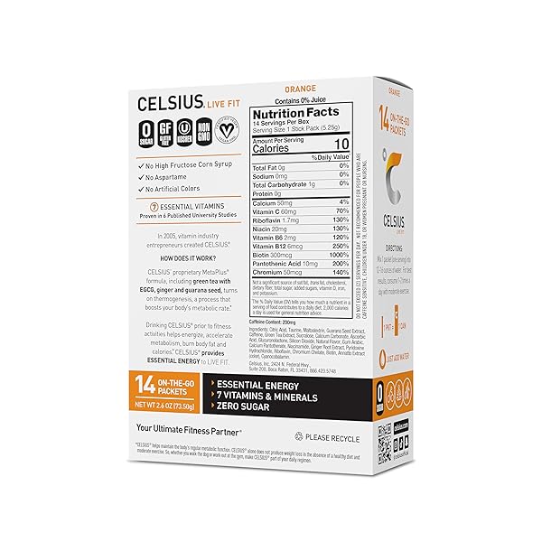 CELSIUS ON-THE-GO POWDER STICK ZERO SUGAR (14 STICKS PER PACK), ORANGE, 2.60 OZ