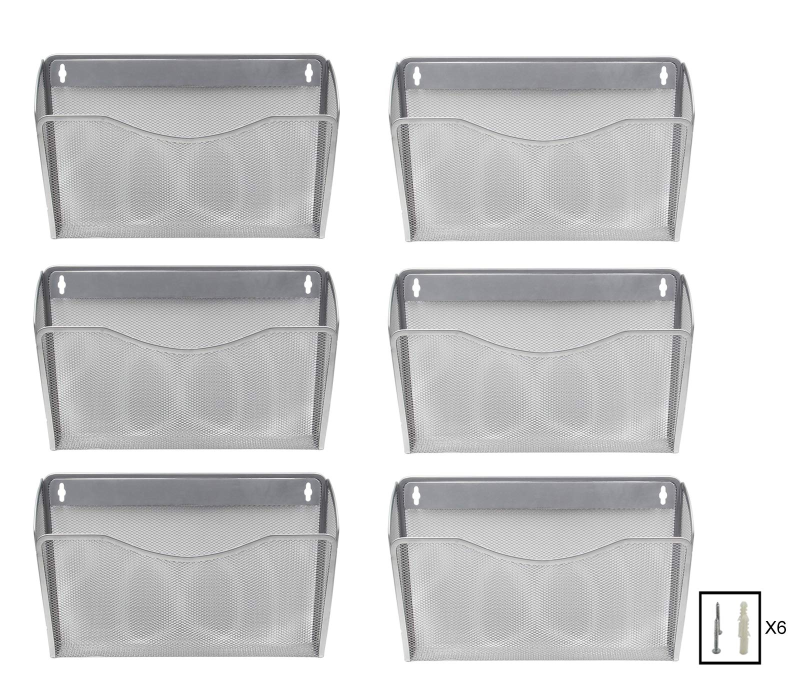 EasyPAG 6 Pocket Landscape A4 Mesh Hanging Wall File Holder Mail Organiser Magazine Storage,Pack of 6,Silver