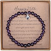 25th Birthday Gifts for Women Amethyst Bead Bracelet with Sterling Silver Heart Charm Happy 25th Birthday Gifts for Her with Card and Gift Box