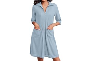 Ekouaer Zipper Robes for Women Waffle Knit Bathrobes Short Lightweight Knee Length Loungewear with Pockets S-XXL