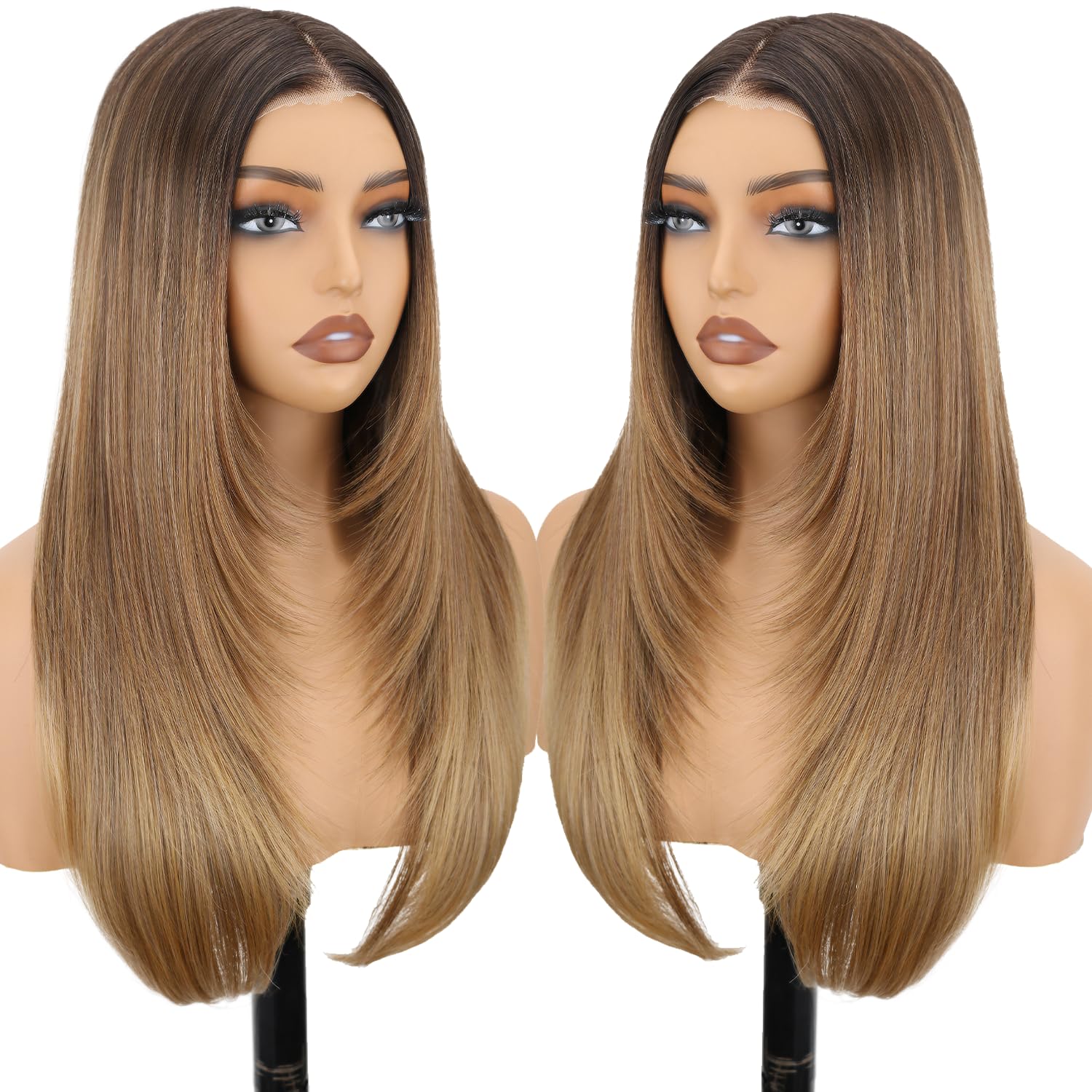 Photo 1 of NOSTALGIA Brown and Blonde Highlight Straight Lace Front Wig Pre Cut Glueless Synthetic Layered Wig 24 Inch Middle Part Closure Wig For Women Upgraded with Premium Fiber