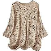 Floerns Women's Hollow Out Crochet Sweater V Neck Long Sleeve Vacation Casual Knit Tops