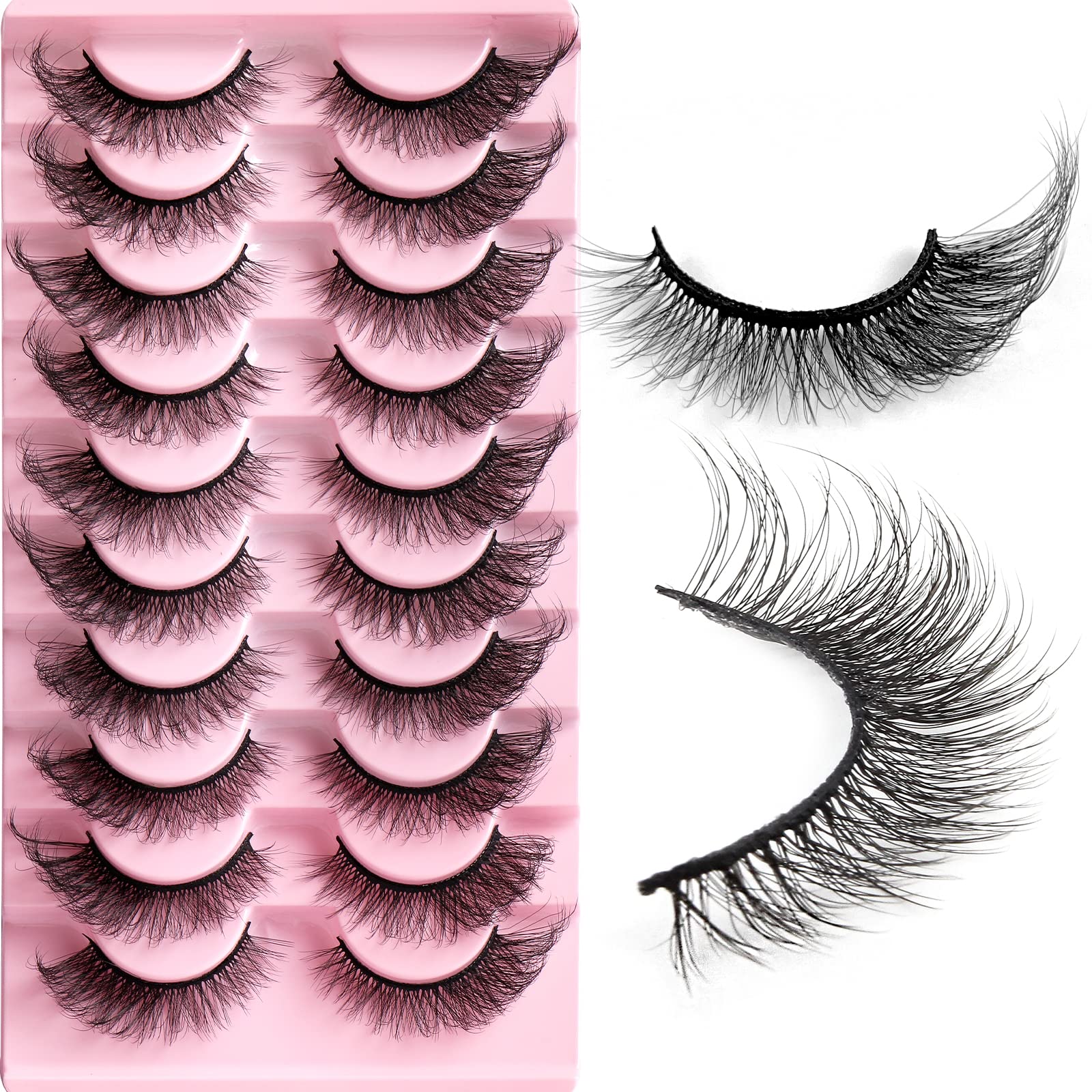 FalseSynthetic Fibre Eyelashes Cat Eye Lashes Natural Fluffy Wispy Russian Strip Lashes 8D Faux Mink Volume Fox Eye Lashes Handmade Thick Soft Long Dramatic Fake Eyelashes 10 Pairs (HLY05)