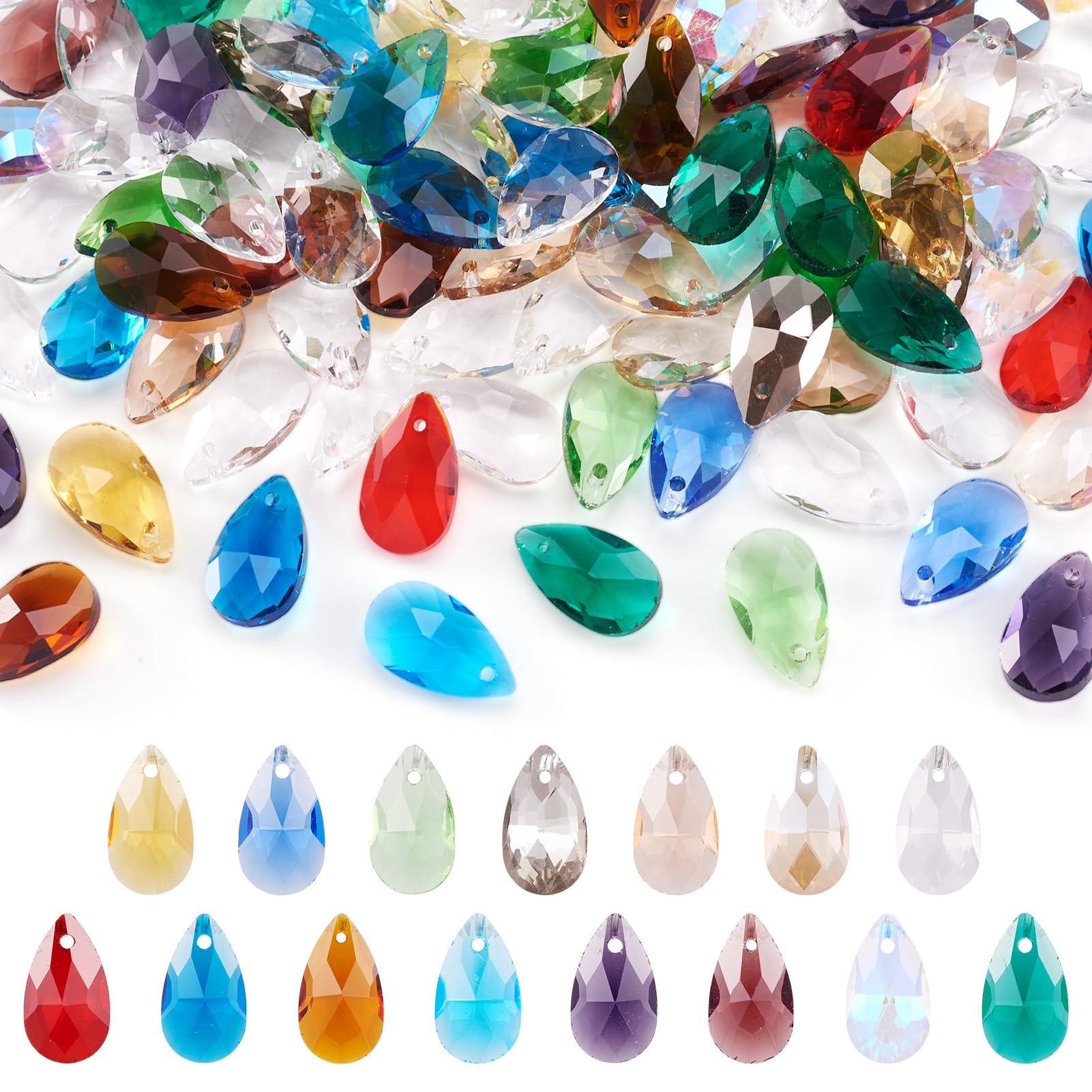 Beadthoven 100pcs Teardrop Glass Beads Random Color Faceted Dorp Crystal Beads Top Drilled Dangle Pendants for Jwewelry Making Chandelier Home Hanging Decor, Hole: 1mm