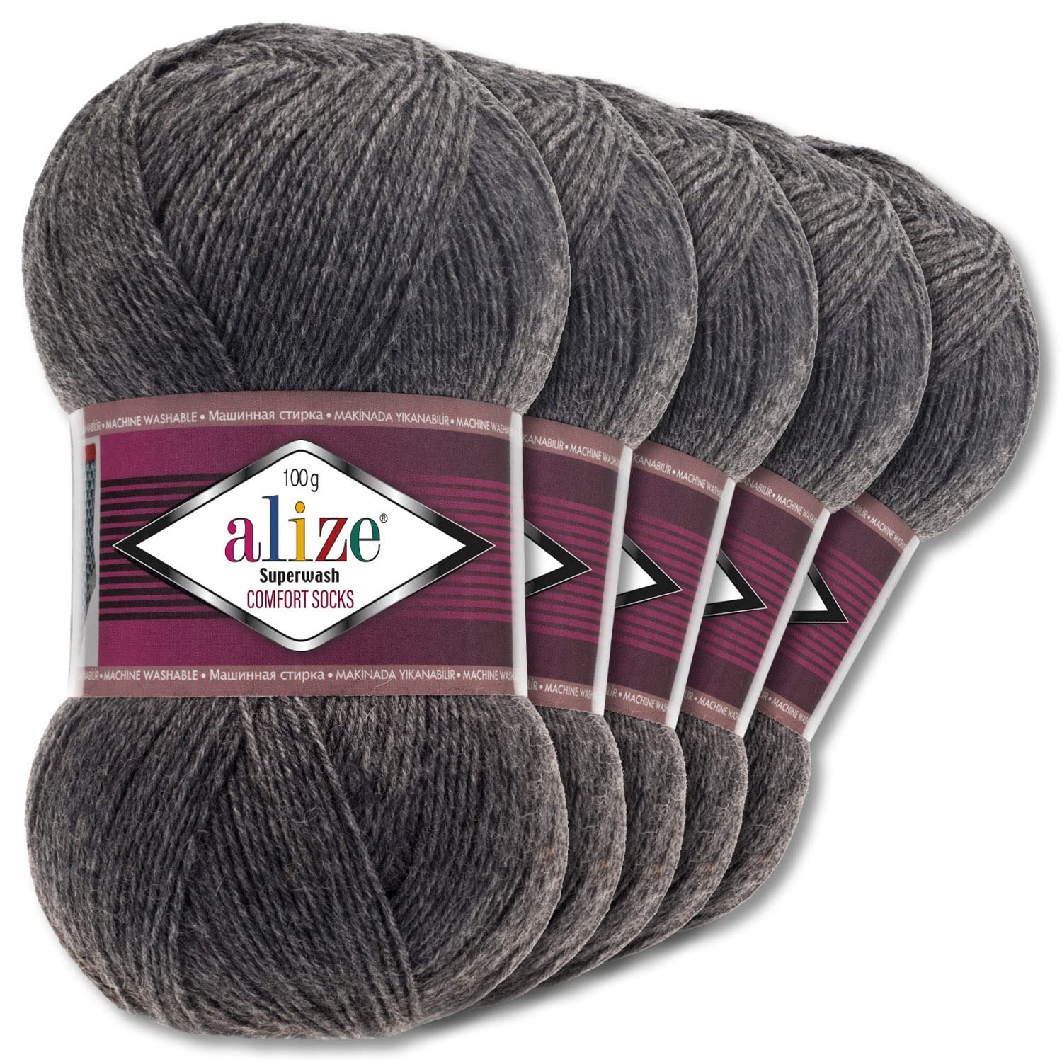 Wohnkult Alize Superwash Comfort Sock Wool 33 Colours to Choose From One / Multicoloured (182 | Dark Grey Melange) 5 x 100