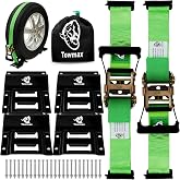 Towmax UTV Wheel Chock Tie-Down Kit, 2" x 8' E Track Ratchet Straps | 4,500lb Break Strength Heavy Duty Trailer Tire Straps System, Wheel Straps for UTV, SXS, ATV, Lawn Mower (2 Pack-Green)