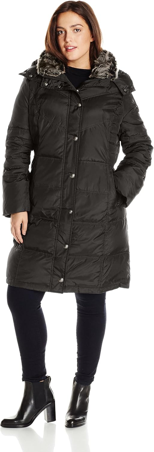 London Fog Women's Plus-Size Mid-Length Faux-Fur Collar Down Coat with Hood at  Women’s Clothing store