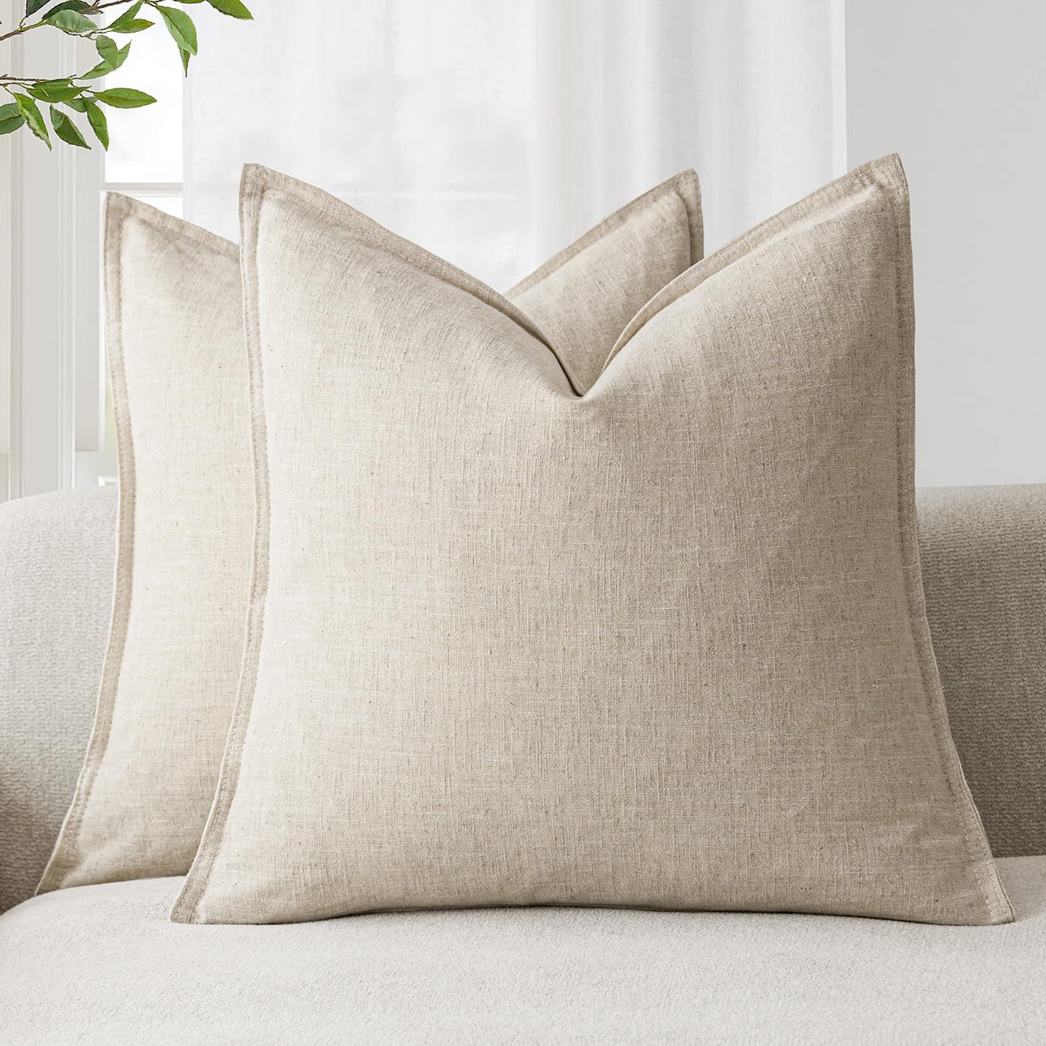 Photo 1 of Foindtower Pack of 2, Decorative Linen Soild Throw Pillow Covers Soft Accent Cushion Case Boho Farmhouse Neutral Pillowcase for Couch Sofa Bed Living Room Home Decor 22 x 22 Inch Natural Beige