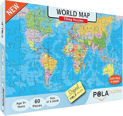 Pola Puzzles World Map 60 Pieces Tiling Puzzles (Jigsaw Puzzles, Puzzles for Kids, Floor Puzzles), Puzzles for Kids Age 5 Years and Above. Size: 37 cm X 24 cm