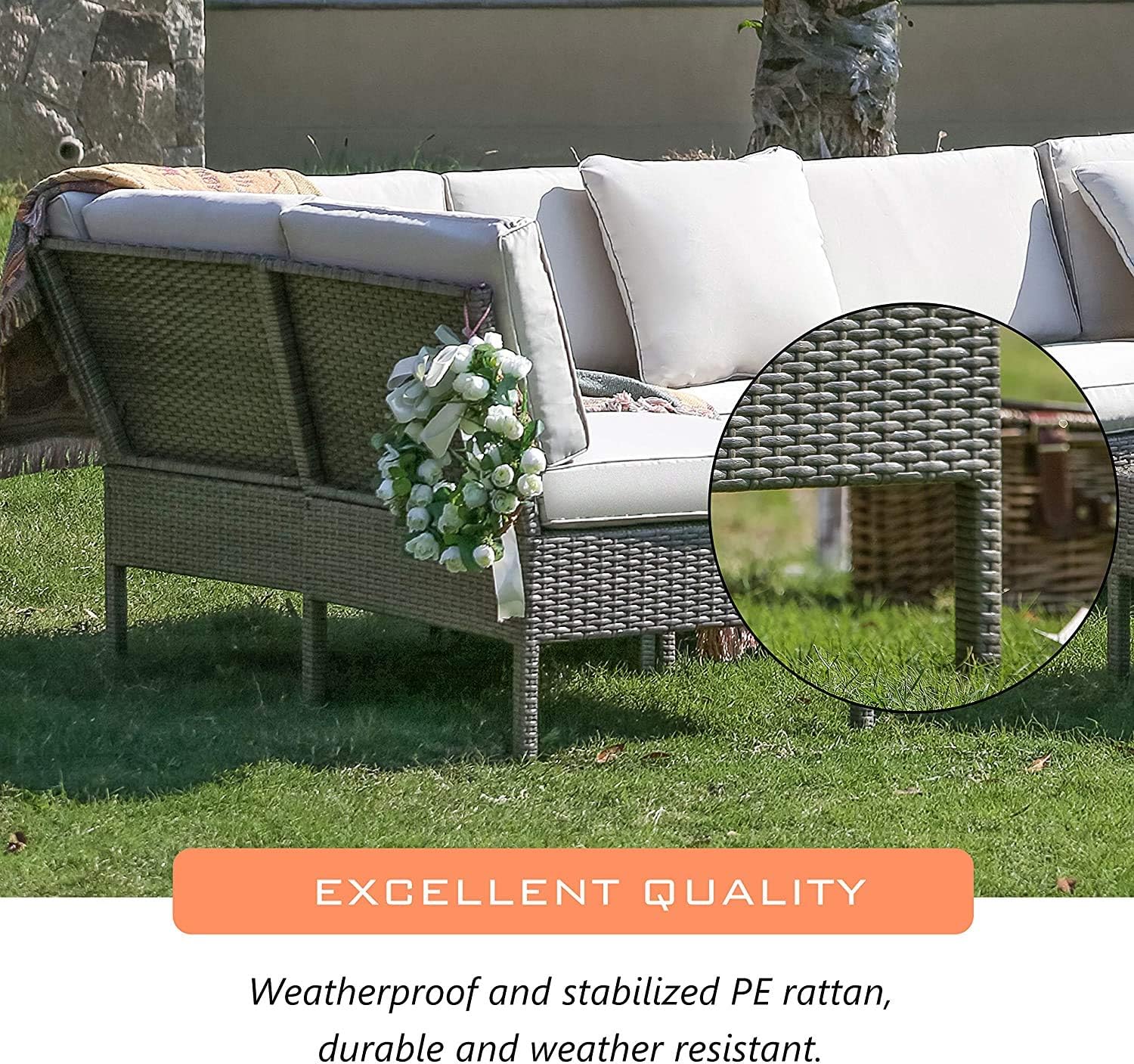 LOKATSE HOME 6 Pieces All-Weather Rattan Patio Sectional Sofa Set Wicker Outdoor Furniture with 3 Pillows Coffee Table, Beige : Garden & Outdoor