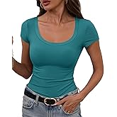 GEMBERA Womens' Stretchy Scoop Neck Short Sleeve Shirts Fitted Casual Basic Top T-Shirts