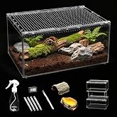 Clioran Large Reptile Tank PC Starter Kit, Magnetic Lid Tarantula Enclosure | Cross Ventilation Hermit Crab Terrarium,Stackable Isopods,Pet Spider Habitat with Hygrometer,Feeding Bowl, Hide &amp; Accessories