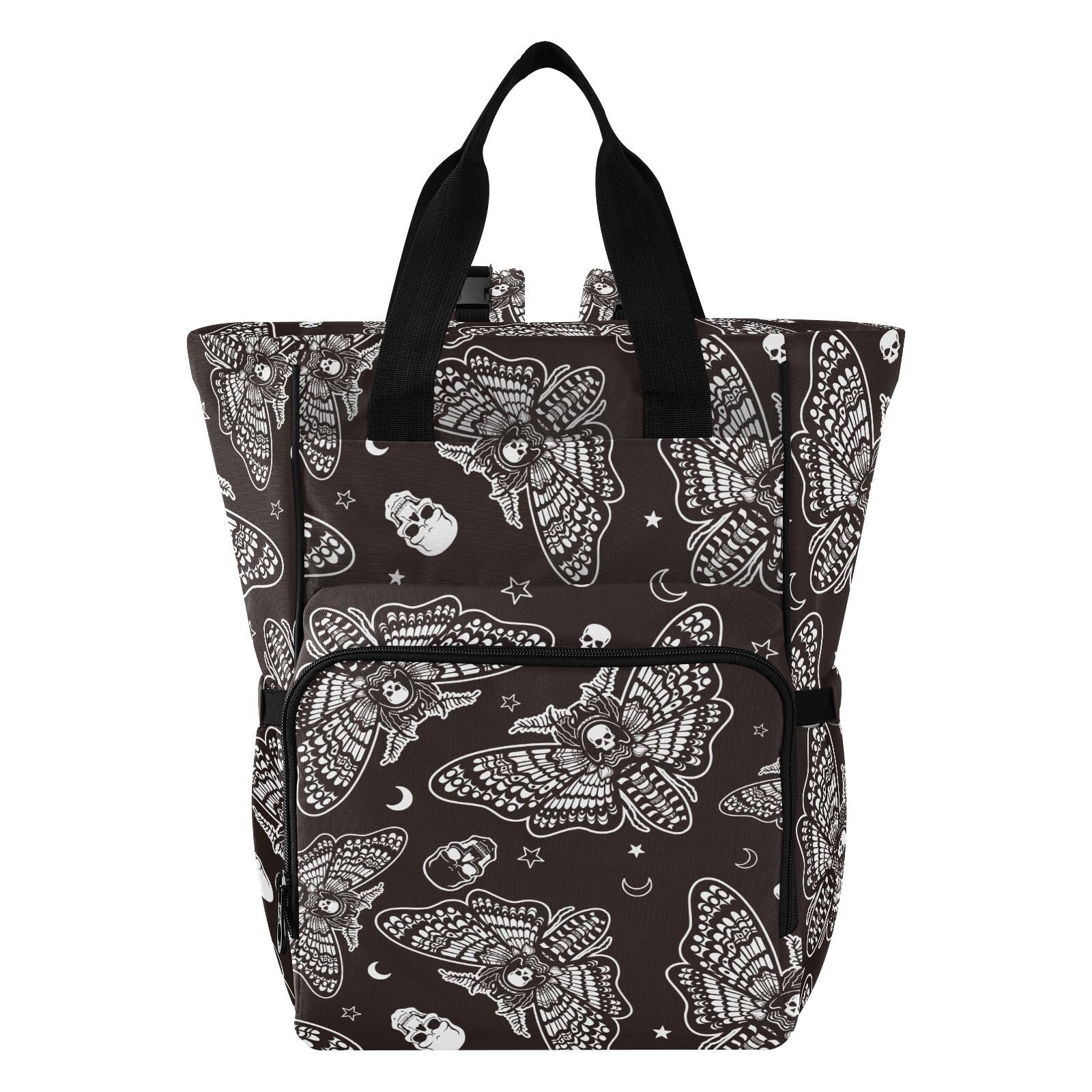 ALAZA Baby Changing Bag Backpack, Nappy Changing Bags Moth Skull Moon Esoteric Multi-Functional Diaper Bag Tote Large Capacity Mum Dad Backpack