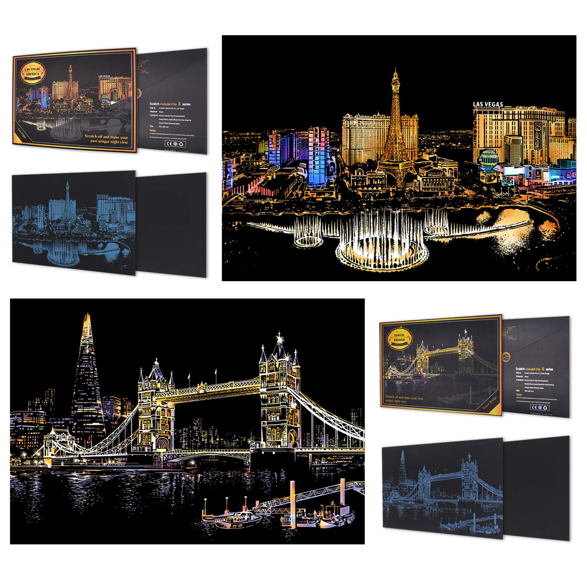 SiYear SiYearScratch Paper Rainbow Painting Sketch, City Series Night Scene,Scratch Painting Creative Gift,Scratchboard for Adult with 4 Tools'' (Las Vegas+Tower Bridge) โ image 1