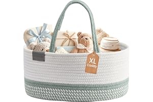 DECOMOMO Baby Caddy Organizer, Diaper Caddy Basket, Baskets for Baby Shower Gifts (Sage Green & White, Extra Large)