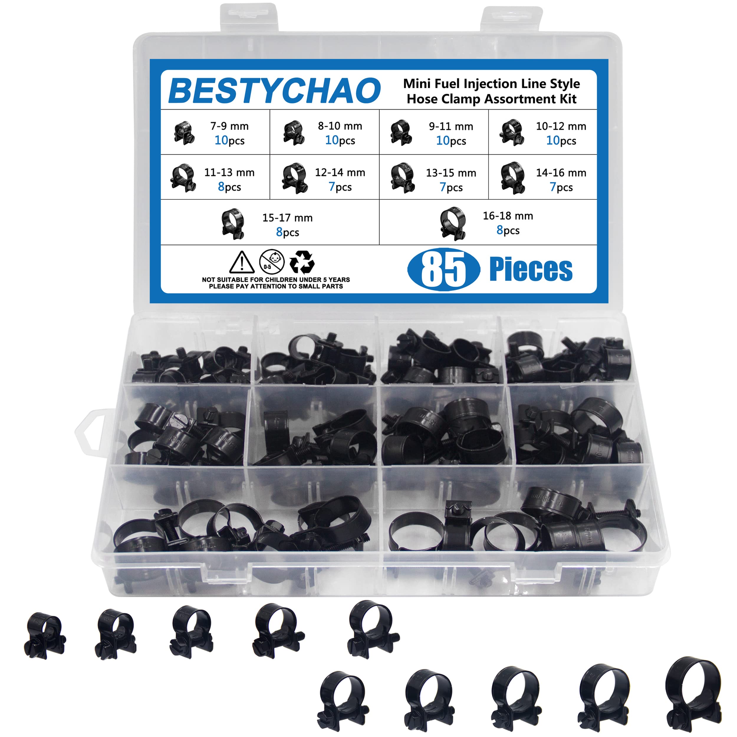 BESTYCHAO Mini Fuel Injection Hose Clamps Zinc Plated 85pcs 7-18mm Range Adjustable Hose Clips Assortment Petrol Pipe Clamps for Automobiles, Tractors, and Other Areas (Black)