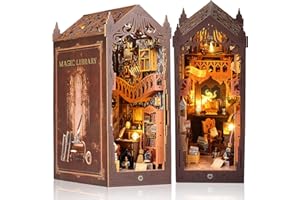 suruim DIY Book Nook Kit Bookend Puzzle Miniature Nook Library Bookshelf Insert Bookends Decoration Books Ornaments Gifts for Adults(Magic House-2)