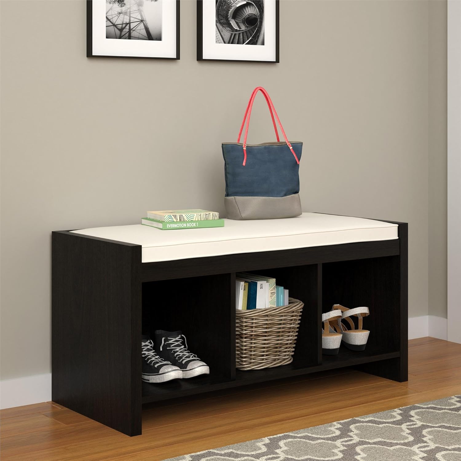 Ameriwood Home Penelope Entryway Storage Bench with Cushion, Espresso: Furniture & Decor