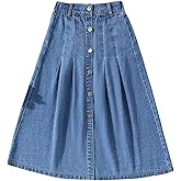 OYOANGLE Girl's Button Front A Line Denim Long Skirt Elastic Waist Western Pleated Jean Skirts