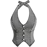 Floerns Women's Halter Denim Tank Top Button Down Backless Party Cropped Jean Tops